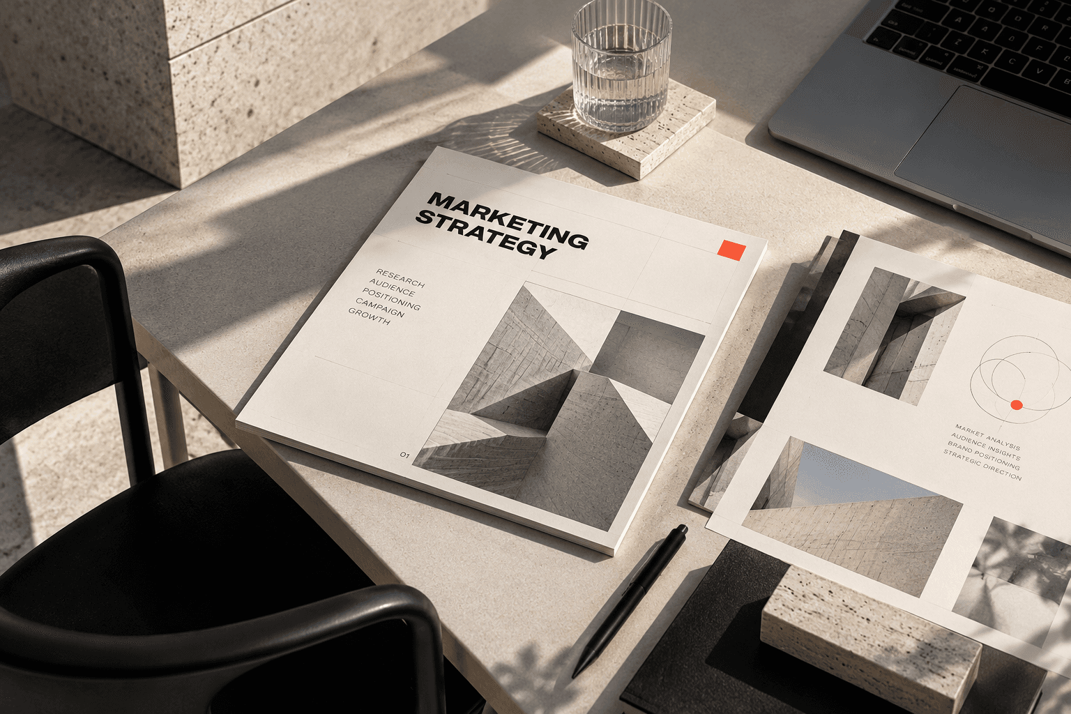 Marketing strategy brochure and research sheets on a sunlit stone desk beside a laptop