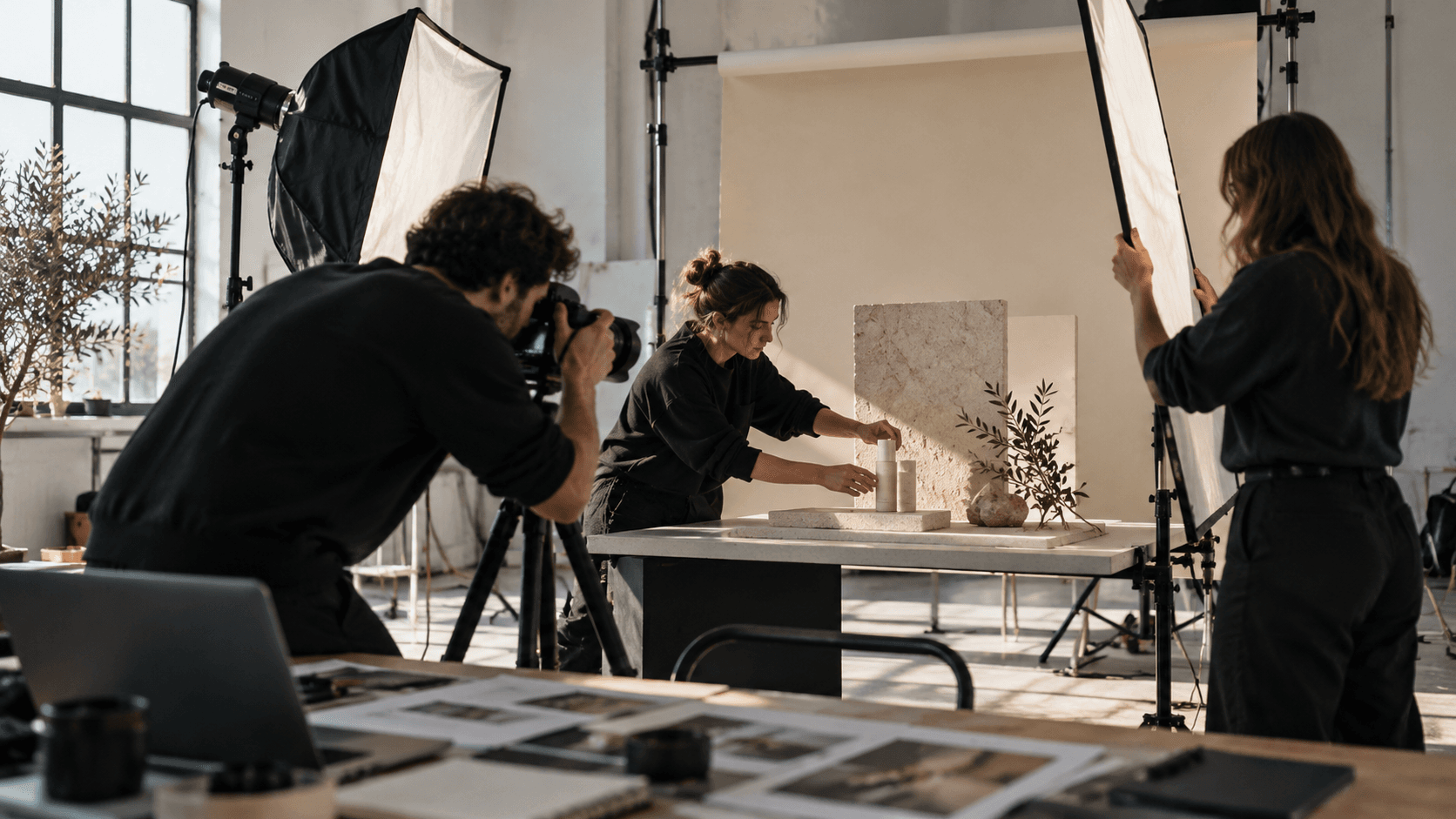 Campaign storytelling visuals arranged in a creative studio